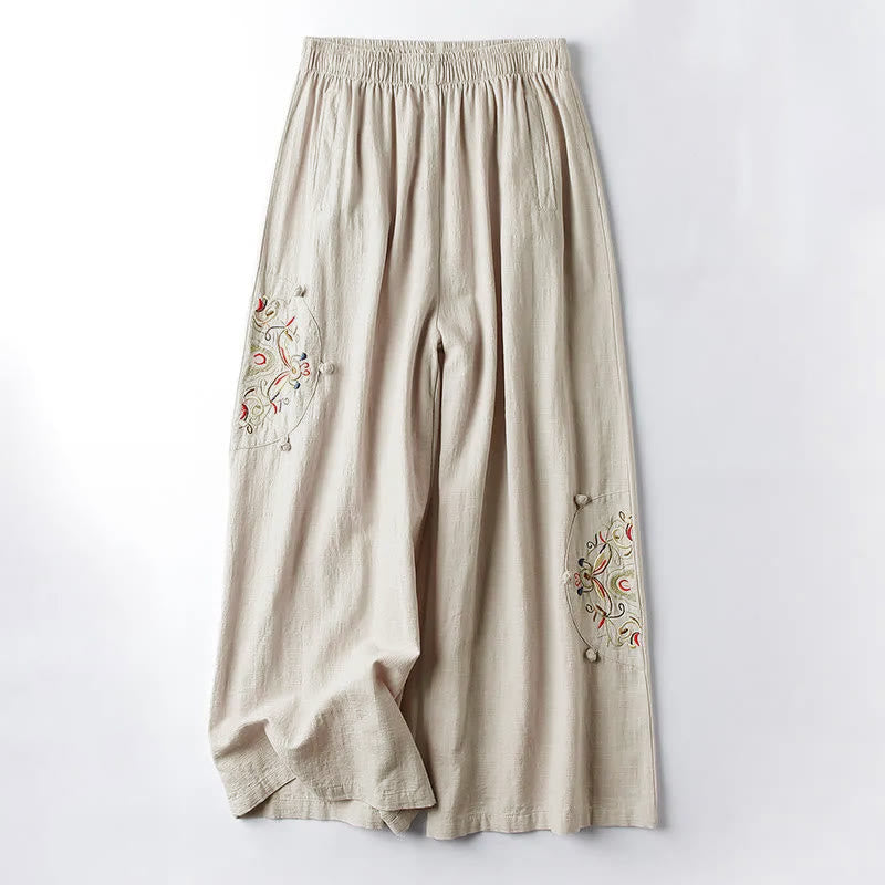Buddha Stones Spring Ethnic Embroidery Cotton Women's Wide Leg Pants With Pockets - Linen - US12，UK/AU16，EU44 (4XL) - image 0