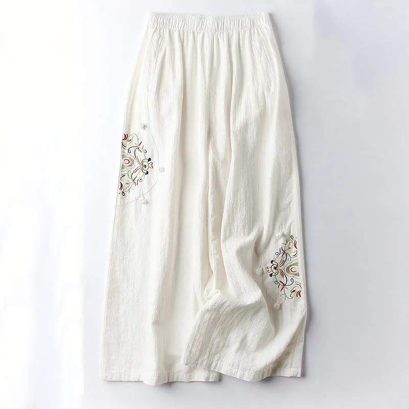 Buddha Stones Spring Ethnic Embroidery Cotton Women's Wide Leg Pants With Pockets - OldLace - US12，UK/AU16，EU44 (4XL) - image 3