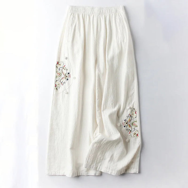 Buddha Stones Spring Ethnic Embroidery Cotton Women's Wide Leg Pants With Pockets - OldLace - US12，UK/AU16，EU44 (4XL) - image 3