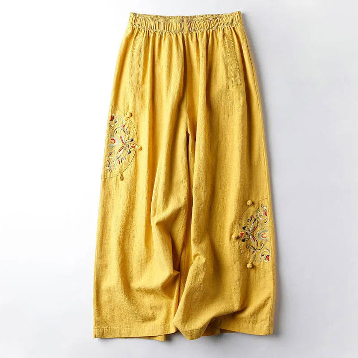 Buddha Stones Spring Ethnic Embroidery Cotton Women's Wide Leg Pants With Pockets - Gold - US12，UK/AU16，EU44 (4XL) - image 8