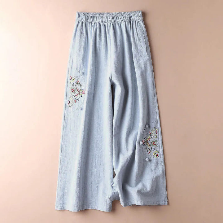 Buddha Stones Spring Ethnic Embroidery Cotton Women's Wide Leg Pants With Pockets - LightCyan - US12，UK/AU16，EU44 (4XL) - image 9