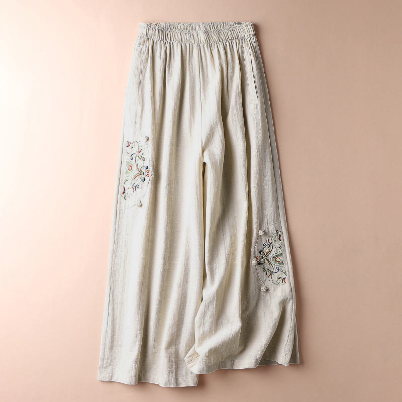 Buddha Stones Spring Ethnic Embroidery Cotton Women's Wide Leg Pants With Pockets - image 1