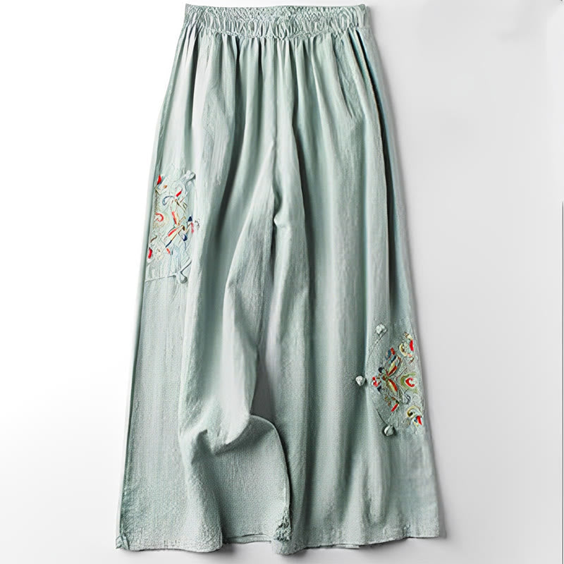 Buddha Stones Spring Ethnic Embroidery Cotton Women's Wide Leg Pants With Pockets - image 7