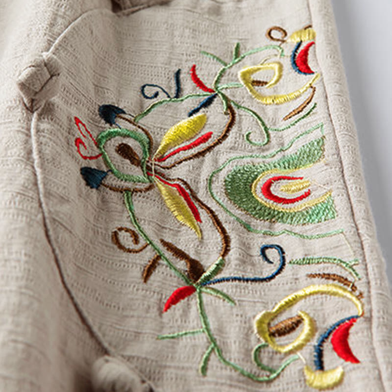 Buddha Stones Spring Ethnic Embroidery Cotton Women's Wide Leg Pants With Pockets - image 2
