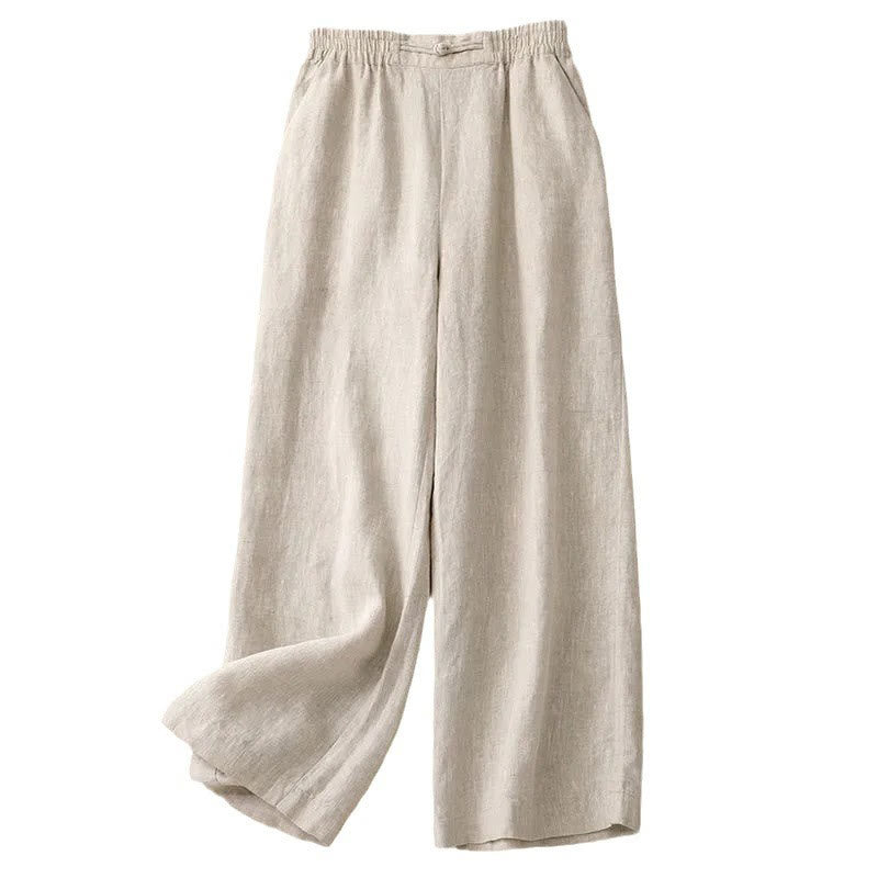 Buddha Stones Daily Solid Color Elastic Waistband Frog-Button Cotton Women's Wide Leg Pants With Pockets - image 16