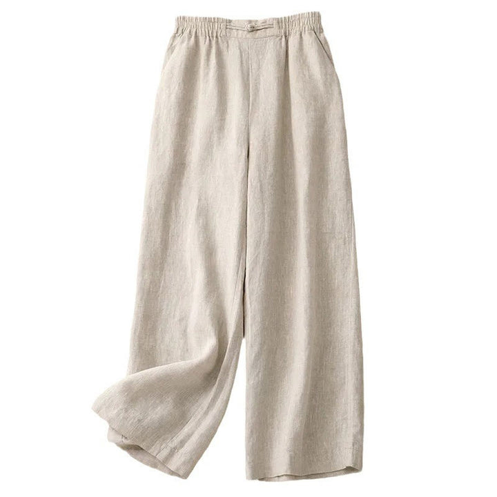 Buddha Stones Daily Solid Color Elastic Waistband Frog-Button Cotton Women's Wide Leg Pants With Pockets - image 16