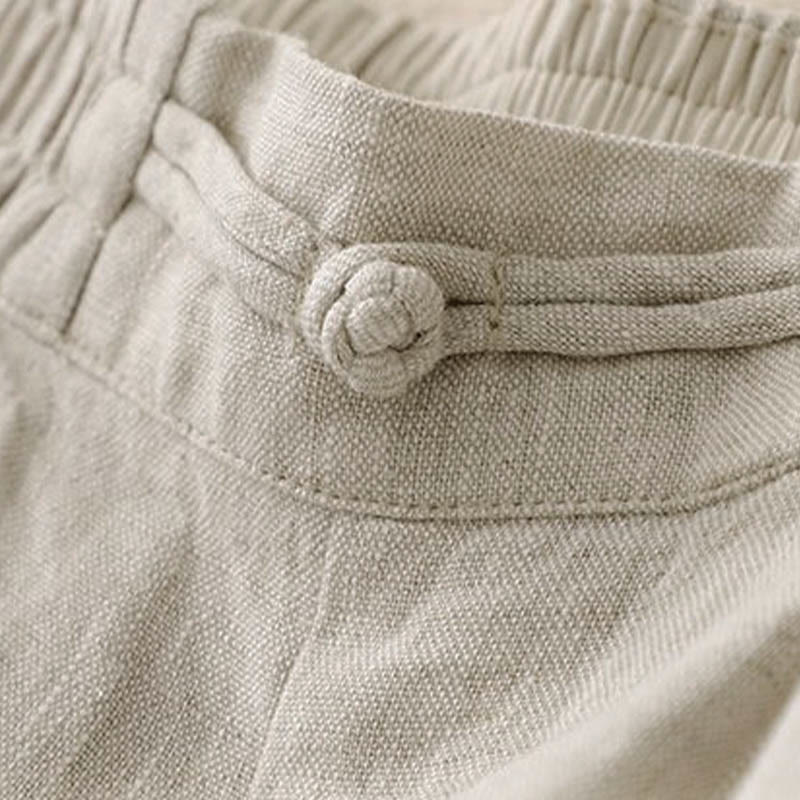 Buddha Stones Daily Solid Color Elastic Waistband Frog-Button Cotton Women's Wide Leg Pants With Pockets - image 13