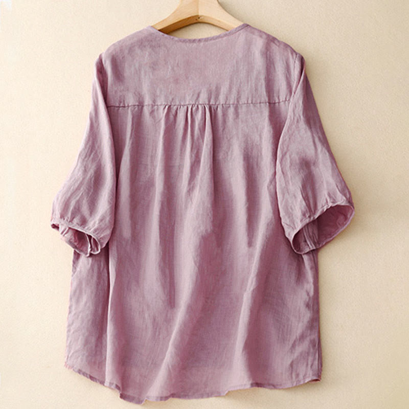 Buddha Stones Casual Plain Loose Women's V-Neck Design Half Sleeve Cotton Shirt - image 1