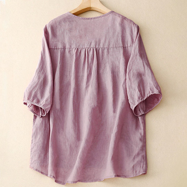 Buddha Stones Casual Plain Loose Women's V-Neck Design Half Sleeve Cotton Shirt - image 1