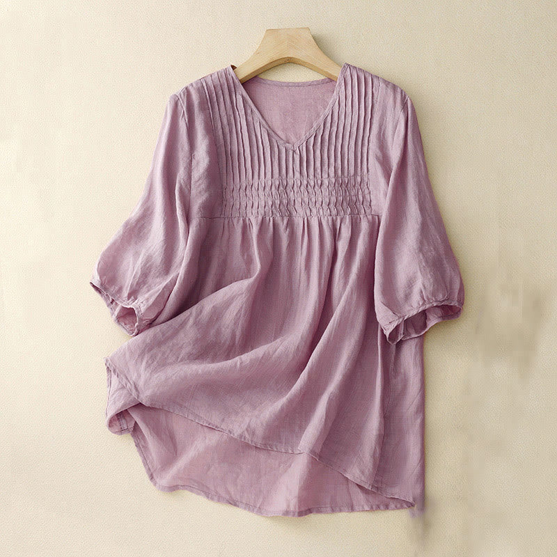 Buddha Stones Casual Plain Loose Women's V-Neck Design Half Sleeve Cotton Shirt - Thistle - US12，UK/AU16，EU44 (2XL) - image 0