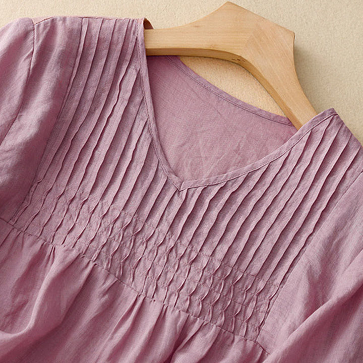 Buddha Stones Casual Plain Loose Women's V-Neck Design Half Sleeve Cotton Shirt - image 9