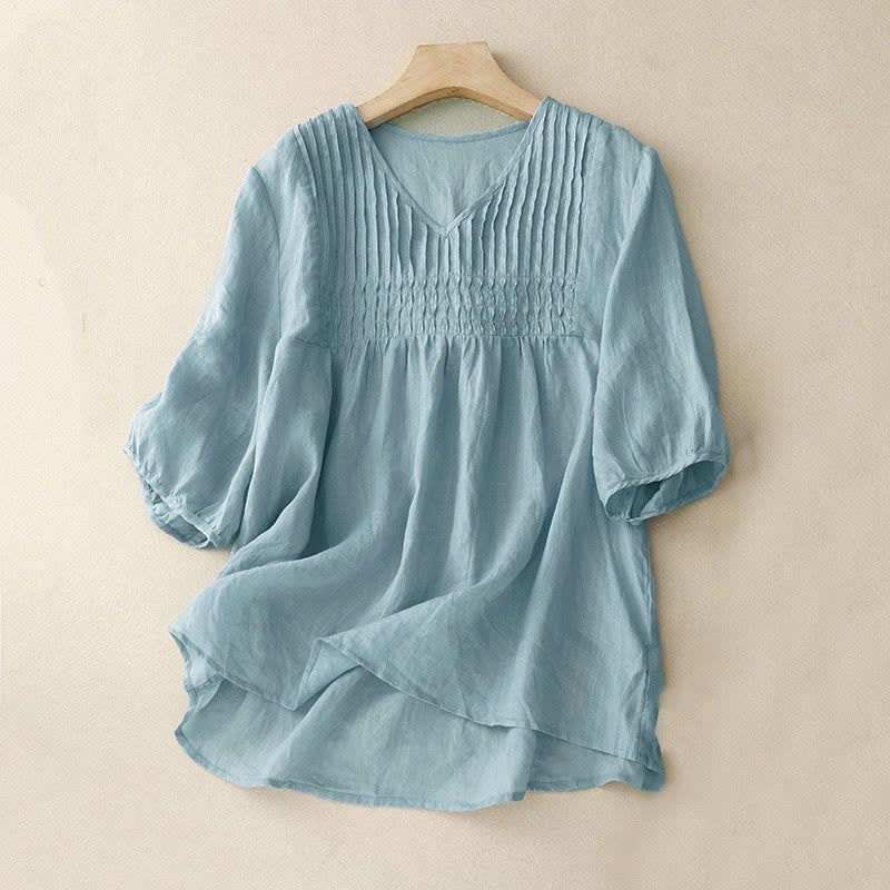 Buddha Stones Casual Plain Loose Women's V-Neck Design Half Sleeve Cotton Shirt - PaleTurquoise - US12，UK/AU16，EU44 (2XL) - image 24