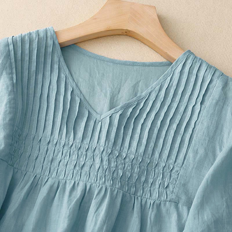 Buddha Stones Casual Plain Loose Women's V-Neck Design Half Sleeve Cotton Shirt - image 26