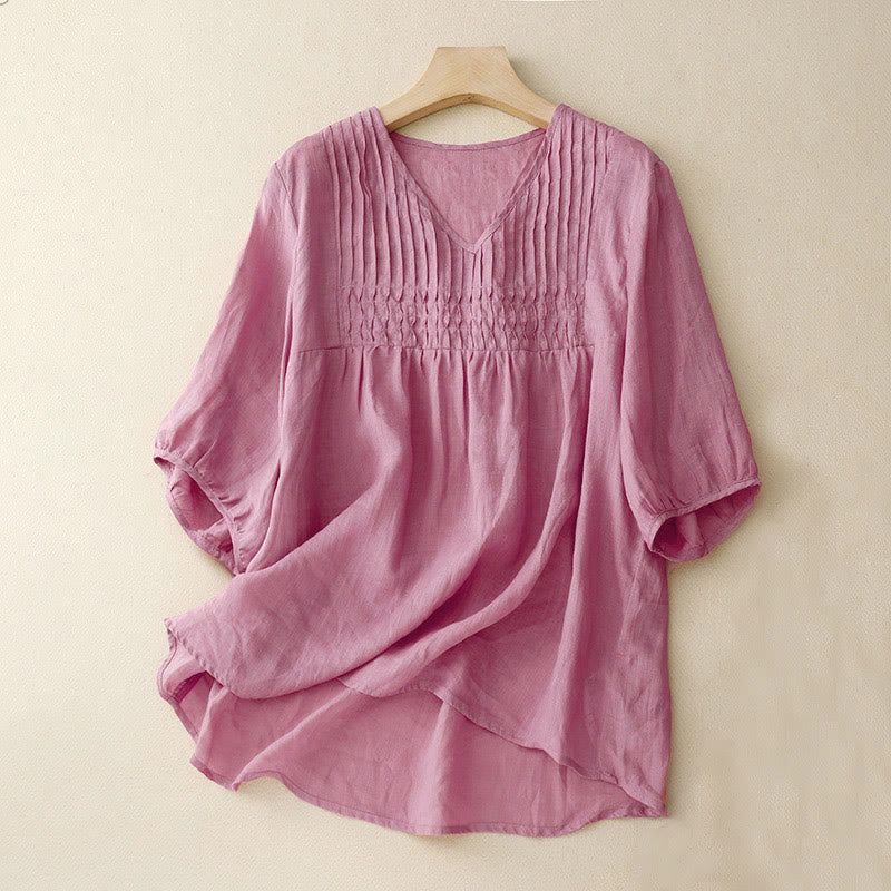 Buddha Stones Casual Plain Loose Women's V-Neck Design Half Sleeve Cotton Shirt - PaleVioletRed - US12，UK/AU16，EU44 (2XL) - image 17
