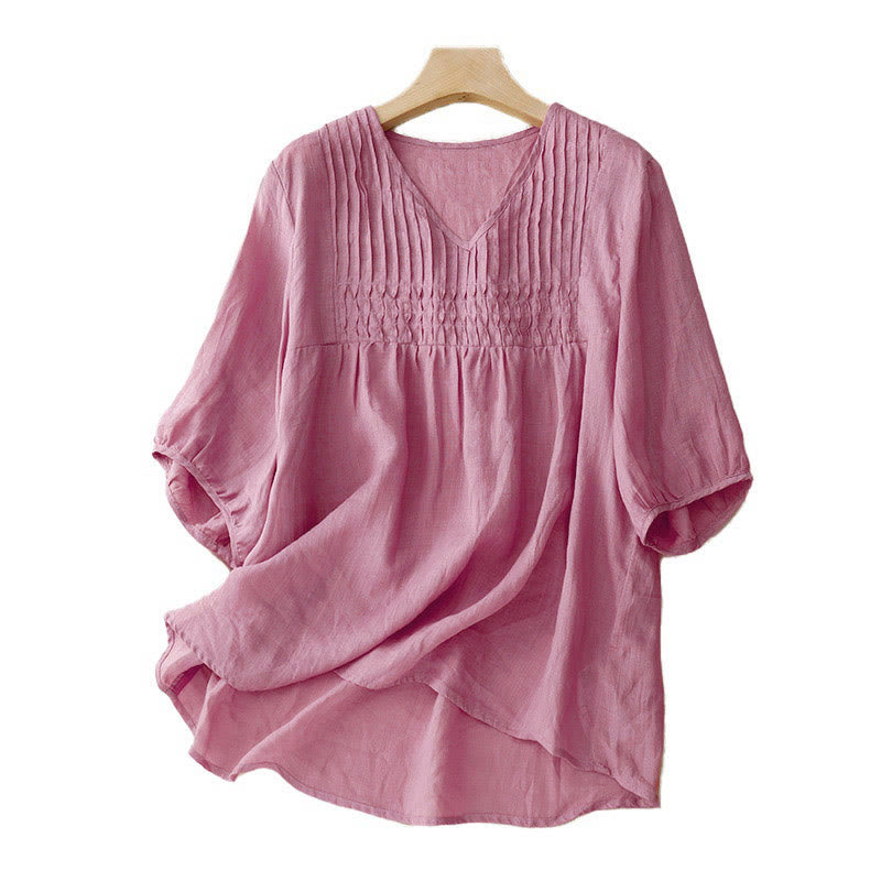 Buddha Stones Casual Plain Loose Women's V-Neck Design Half Sleeve Cotton Shirt - image 19