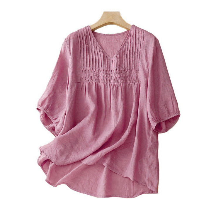 Buddha Stones Casual Plain Loose Women's V-Neck Design Half Sleeve Cotton Shirt - image 19