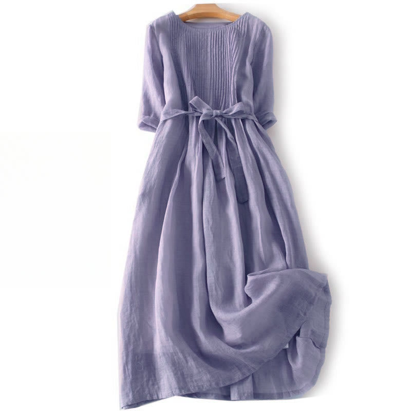 Buddha Stones Casual Lace-up Plain Crew Neck Half Sleeve Cotton Midi Dress With Pockets - Thistle - US12，UK/AU16，EU44 (3XL) - image 15