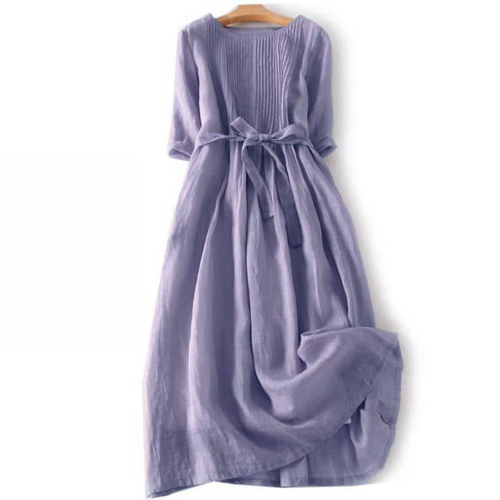 Buddha Stones Casual Lace-up Plain Crew Neck Half Sleeve Cotton Midi Dress With Pockets - Thistle - US12，UK/AU16，EU44 (3XL) - image 15