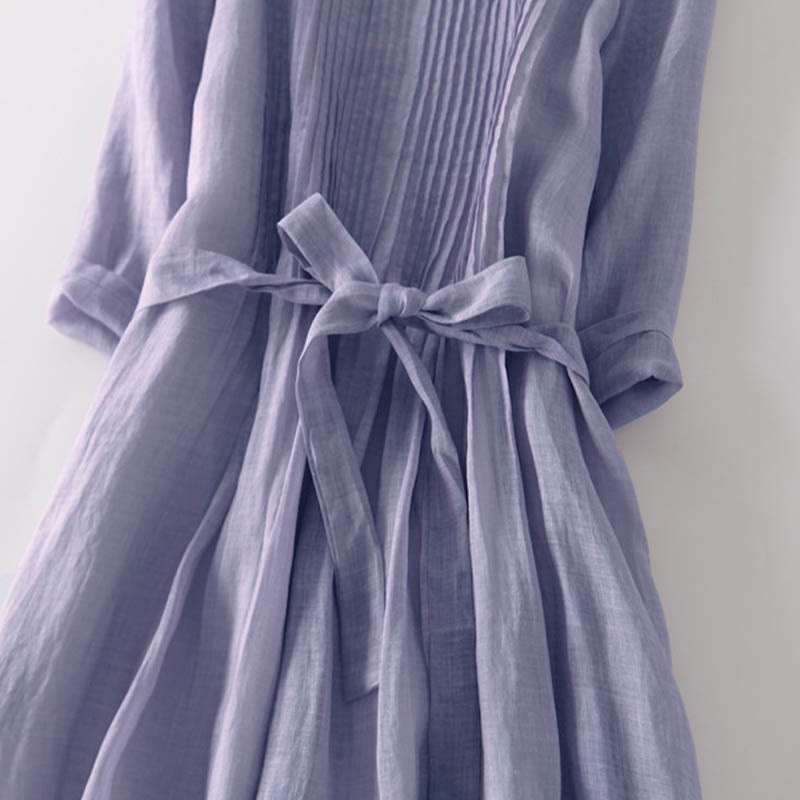 Buddha Stones Casual Lace-up Plain Crew Neck Half Sleeve Cotton Midi Dress With Pockets - image 16