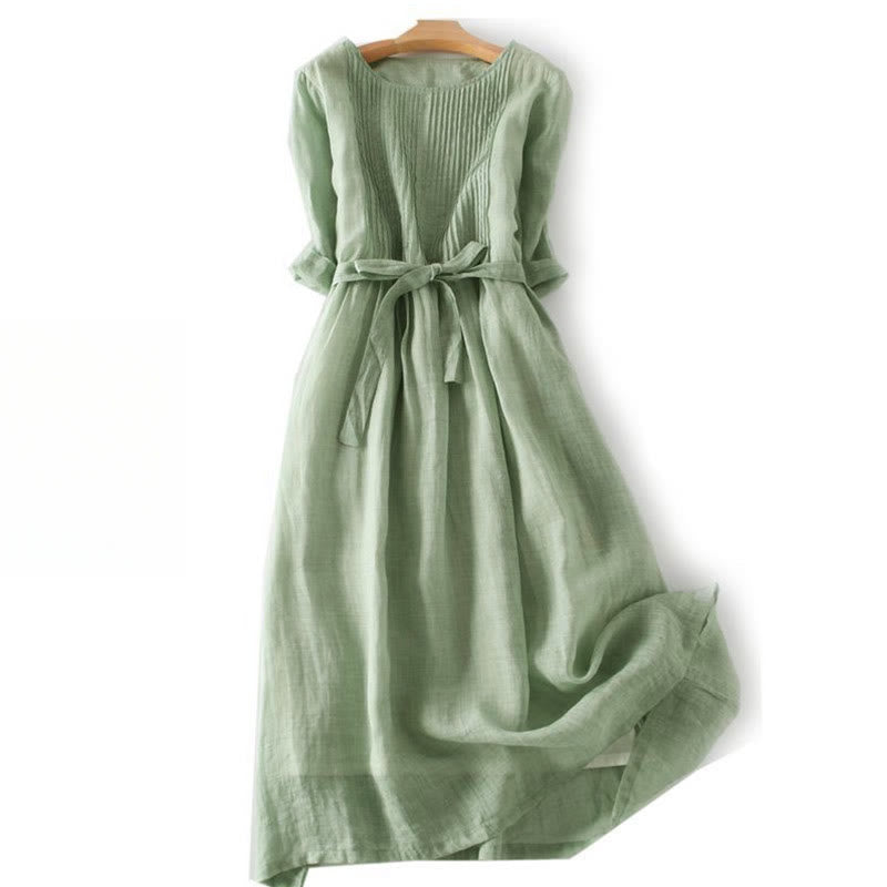 Buddha Stones Casual Lace-up Plain Crew Neck Half Sleeve Cotton Midi Dress With Pockets - DarkSeaGreen - US12，UK/AU16，EU44 (3XL) - image 19