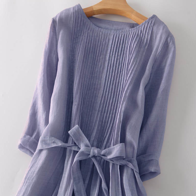 Buddha Stones Casual Lace-up Plain Crew Neck Half Sleeve Cotton Midi Dress With Pockets - image 17
