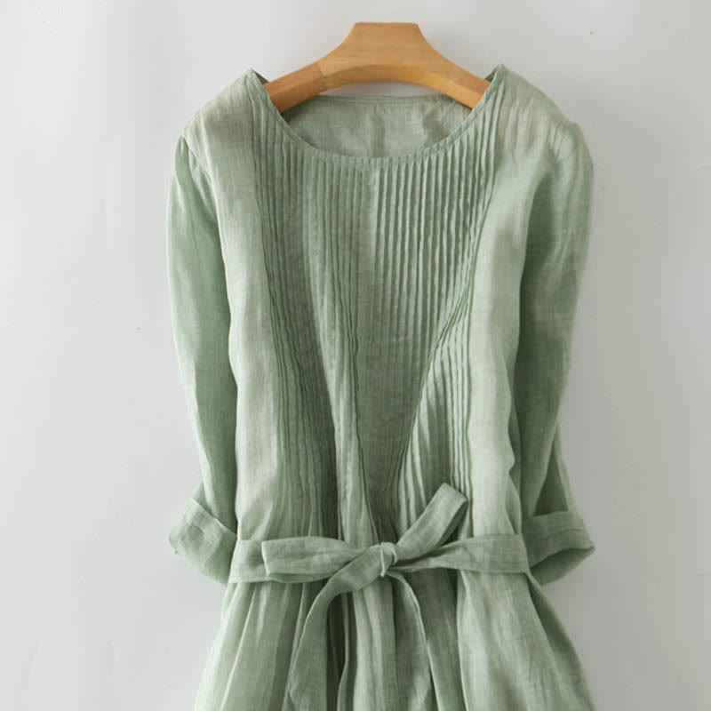 Buddha Stones Casual Lace-up Plain Crew Neck Half Sleeve Cotton Midi Dress With Pockets - image 20