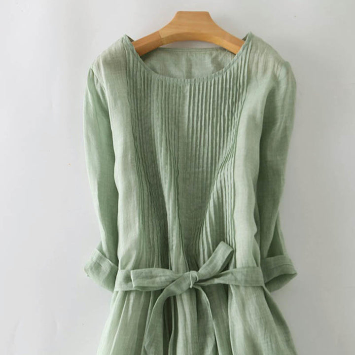 Buddha Stones Casual Lace-up Plain Crew Neck Half Sleeve Cotton Midi Dress With Pockets - image 20
