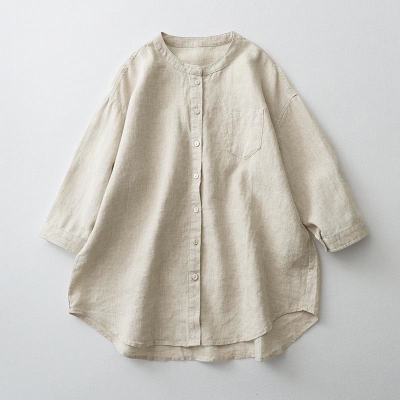 Buddha Stones Solid Color Button Three Quarter Sleeve Shirt - Linen - US8-10，UK/AU12-14，EU40-42 (2XL) - image 1