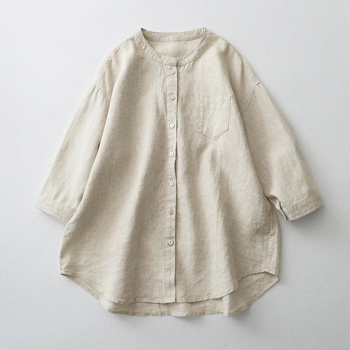Buddha Stones Solid Color Button Three Quarter Sleeve Shirt - Linen - US8-10，UK/AU12-14，EU40-42 (2XL) - image 1