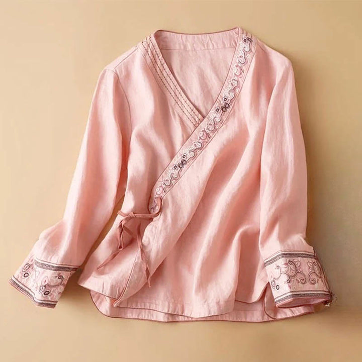 Buddha Stones Casual Embroidered Flowers Slant Collar Strap Long Sleeve Cotton Women's Shirt - Pink - US12，UK/AU16，EU44 (3XL) - image 3