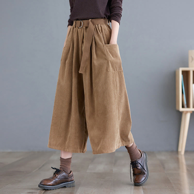 Buddha Stones Retro Women's Wide Leg 7-8 Length Corduroy Cotton Pants With Pockets Belt - Goldenrod - US12，UK/AU16，EU44 (2XL) - image 0