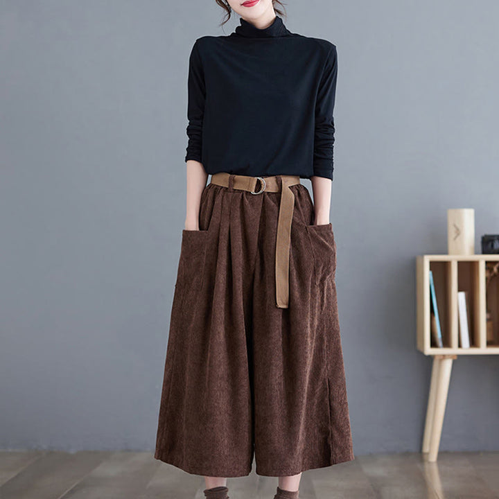 Buddha Stones Retro Women's Wide Leg 7-8 Length Corduroy Cotton Pants With Pockets Belt - image 20