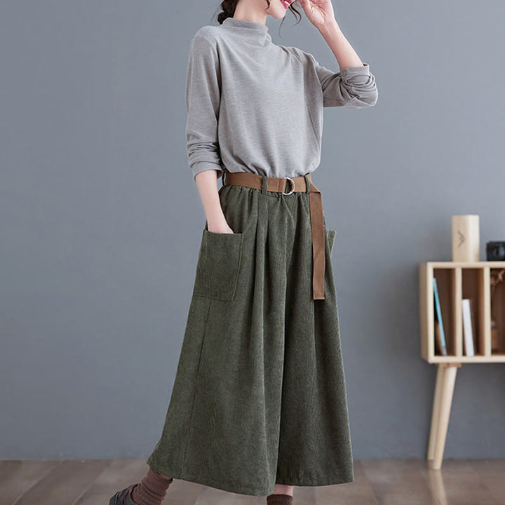 Buddha Stones Retro Women's Wide Leg 7-8 Length Corduroy Cotton Pants With Pockets Belt - image 14