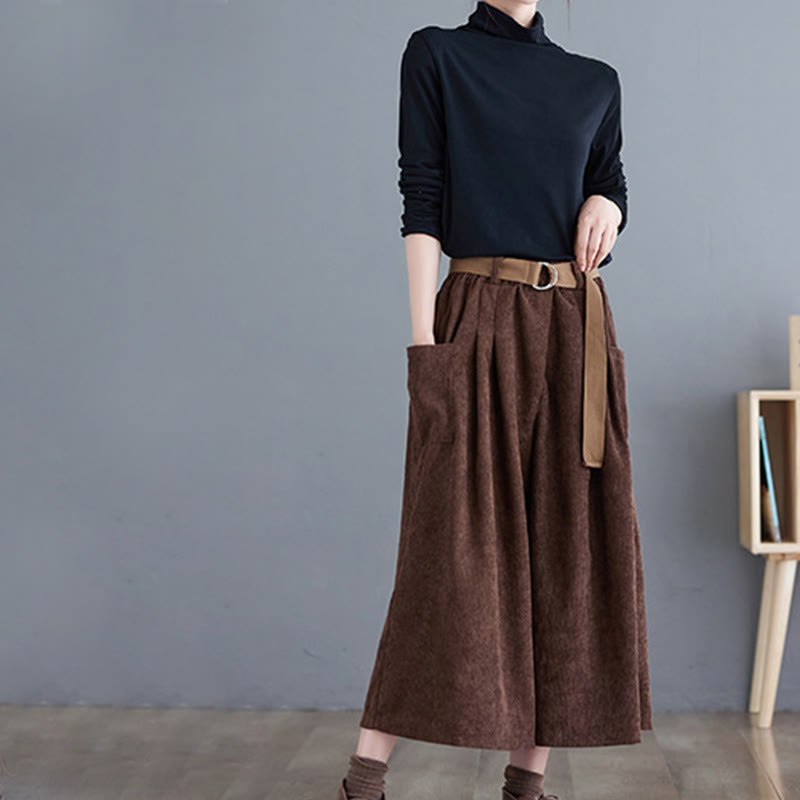 Buddha Stones Retro Women's Wide Leg 7-8 Length Corduroy Cotton Pants With Pockets Belt - image 21