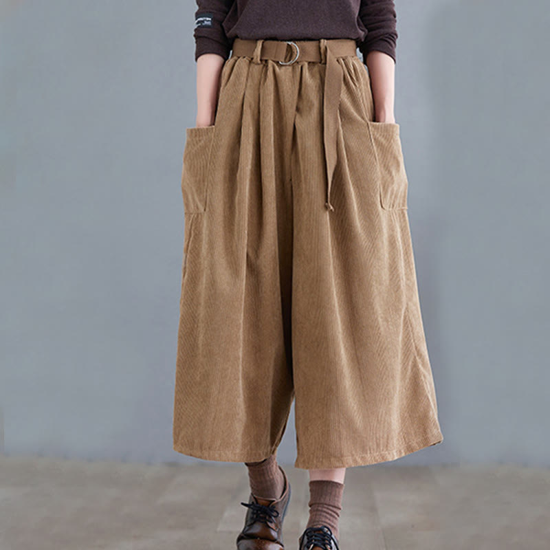 Buddha Stones Retro Women's Wide Leg 7-8 Length Corduroy Cotton Pants With Pockets Belt - image 1
