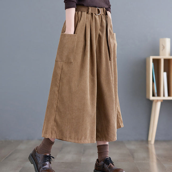 Buddha Stones Retro Women's Wide Leg 7-8 Length Corduroy Cotton Pants With Pockets Belt - image 3