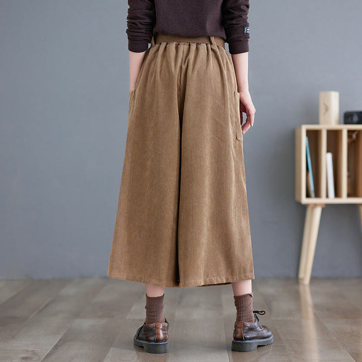 Buddha Stones Retro Women's Wide Leg 7-8 Length Corduroy Cotton Pants With Pockets Belt - image 2