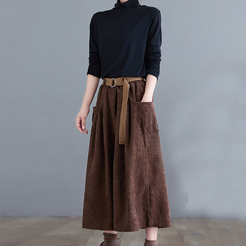 Buddha Stones Retro Women's Wide Leg 7-8 Length Corduroy Cotton Pants With Pockets Belt - image 19
