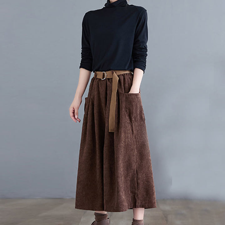 Buddha Stones Retro Women's Wide Leg 7-8 Length Corduroy Cotton Pants With Pockets Belt - image 19
