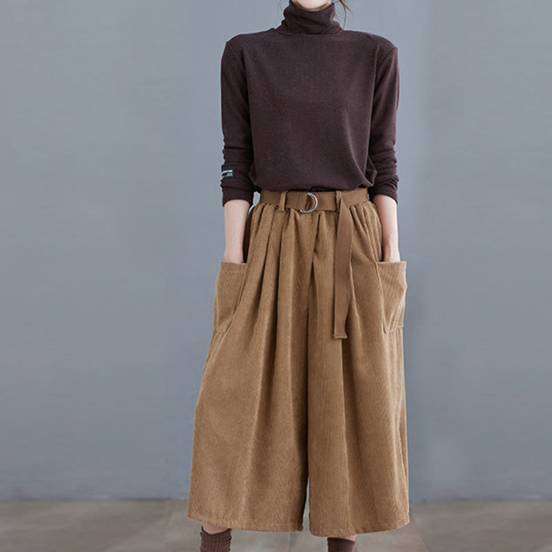 Buddha Stones Retro Women's Wide Leg 7-8 Length Corduroy Cotton Pants With Pockets Belt - image 5