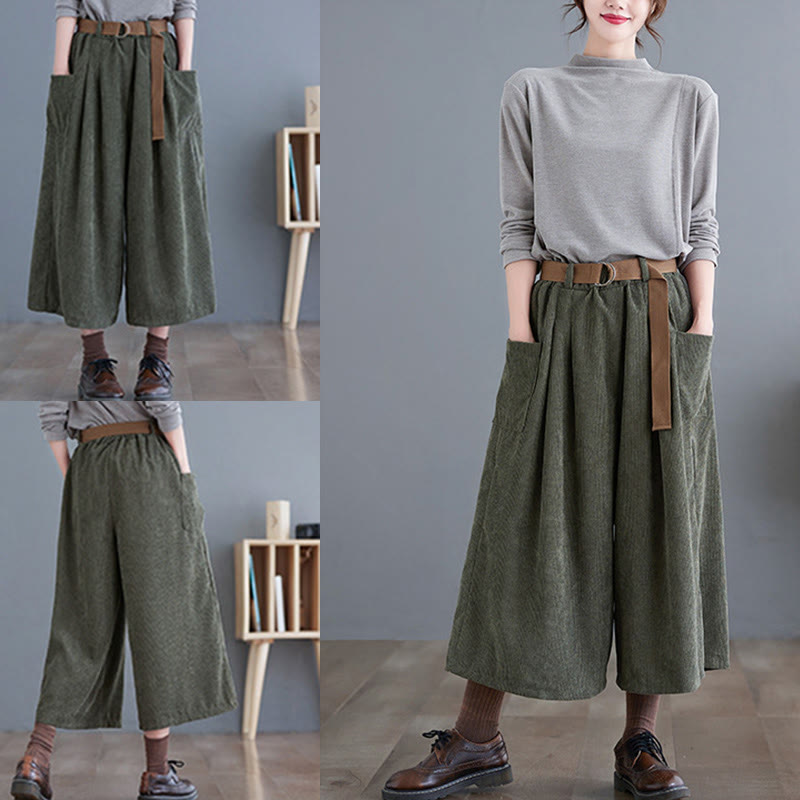 Buddha Stones Retro Women's Wide Leg 7-8 Length Corduroy Cotton Pants With Pockets Belt - image 15