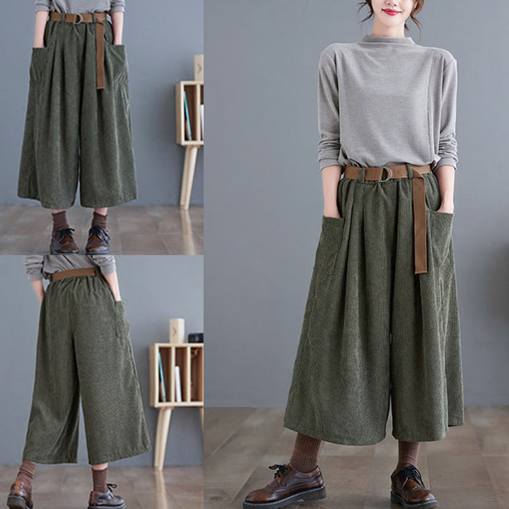 Buddha Stones Retro Women's Wide Leg 7-8 Length Corduroy Cotton Pants With Pockets Belt - image 15