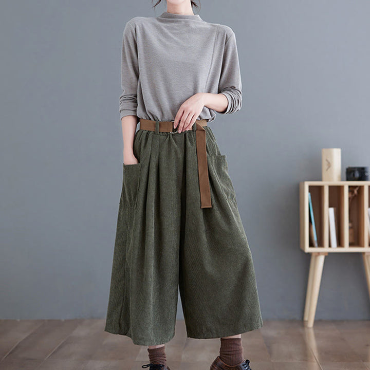 Buddha Stones Retro Women's Wide Leg 7-8 Length Corduroy Cotton Pants With Pockets Belt - image 13