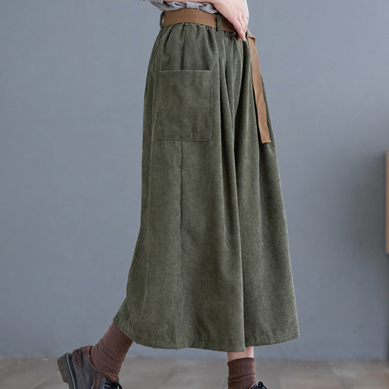 Buddha Stones Retro Women's Wide Leg 7-8 Length Corduroy Cotton Pants With Pockets Belt - image 12