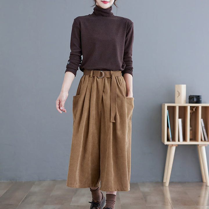Buddha Stones Retro Women's Wide Leg 7-8 Length Corduroy Cotton Pants With Pockets Belt - image 6