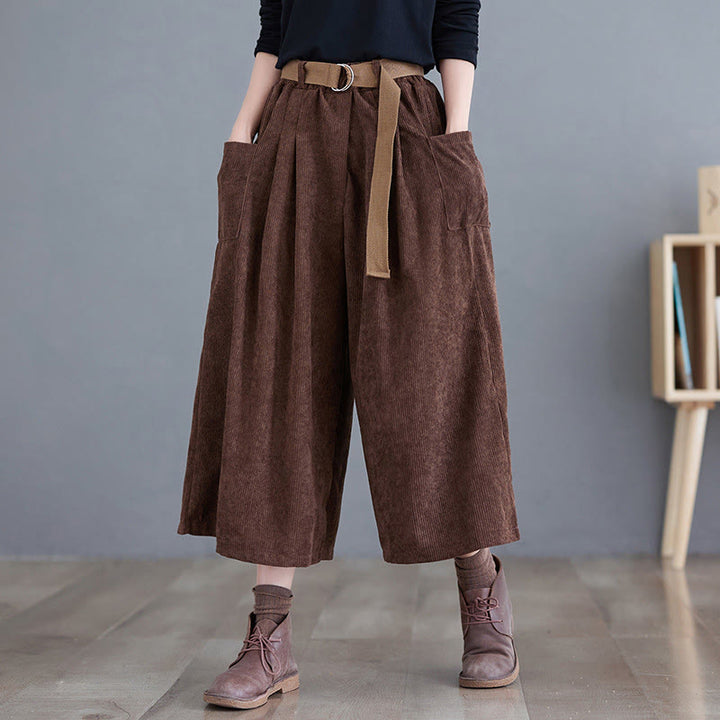 Buddha Stones Retro Women's Wide Leg 7-8 Length Corduroy Cotton Pants With Pockets Belt - SaddleBrown - US12，UK/AU16，EU44 (2XL) - image 16