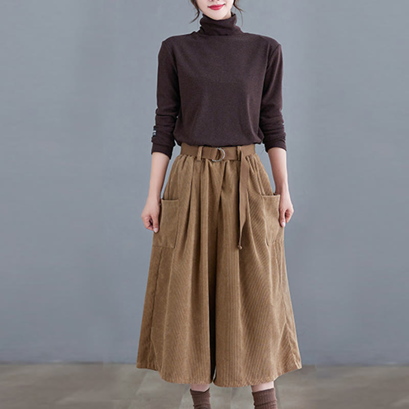 Buddha Stones Retro Women's Wide Leg 7-8 Length Corduroy Cotton Pants With Pockets Belt - image 4