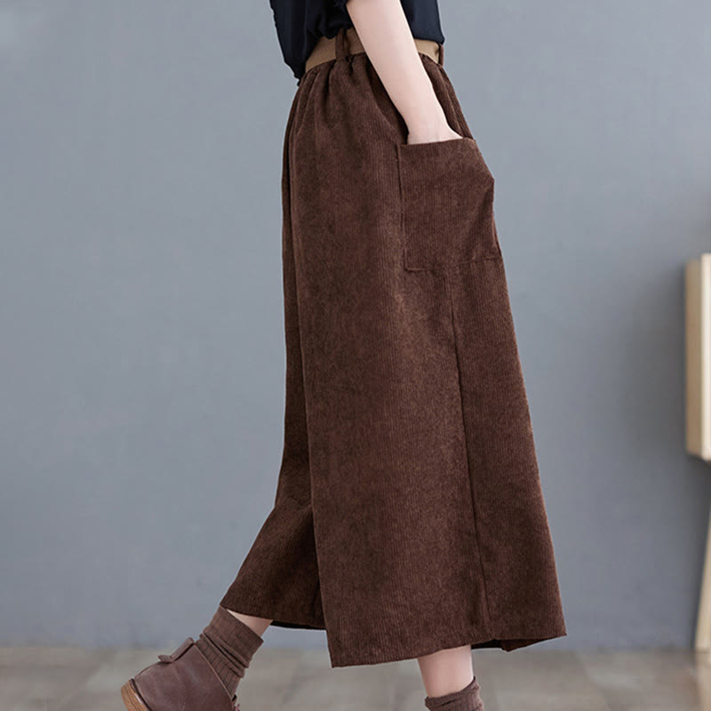 Buddha Stones Retro Women's Wide Leg 7-8 Length Corduroy Cotton Pants With Pockets Belt - image 18
