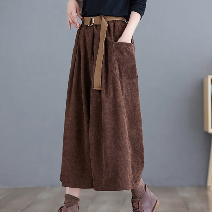 Buddha Stones Retro Women's Wide Leg 7-8 Length Corduroy Cotton Pants With Pockets Belt - image 17