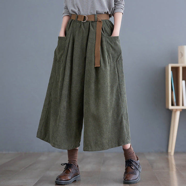 Buddha Stones Retro Women's Wide Leg 7-8 Length Corduroy Cotton Pants With Pockets Belt - DarkOliveGreen - US12，UK/AU16，EU44 (2XL) - image 11